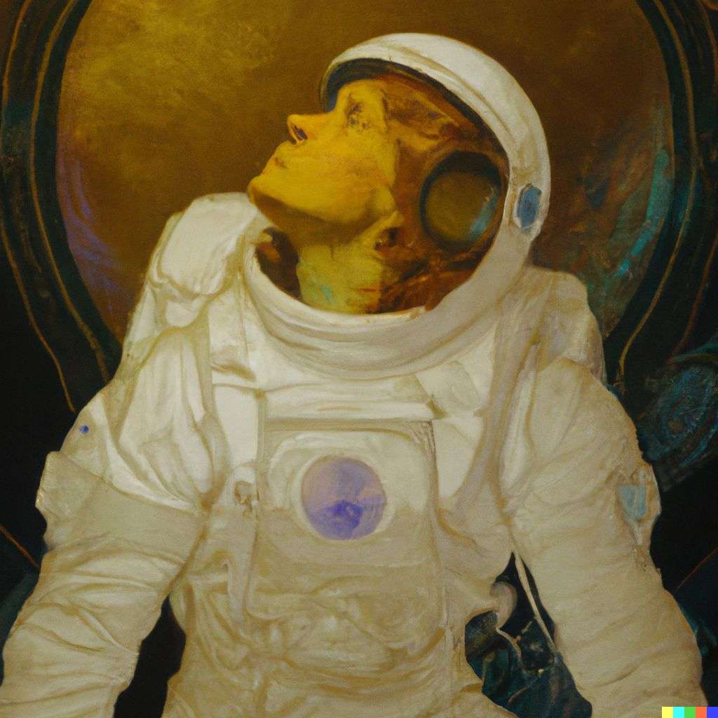 an astronaut, painting by Alphonse Mucha